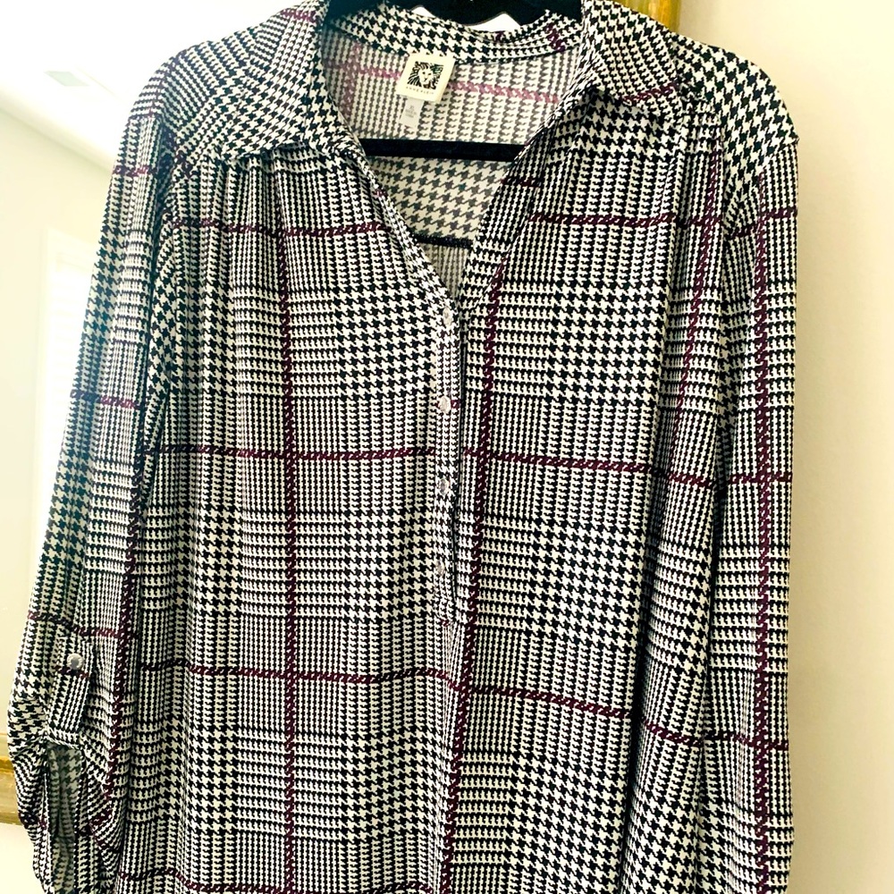 Anne Klein checkered print blouse, size XL